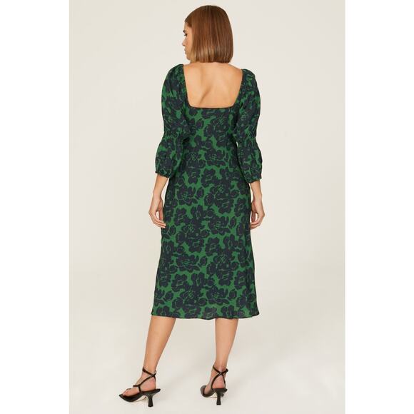 Peter Som Green Floral Print Crepe Long Sleeve Square Neck Midi Dress Size 6 - Picture 3 of 16